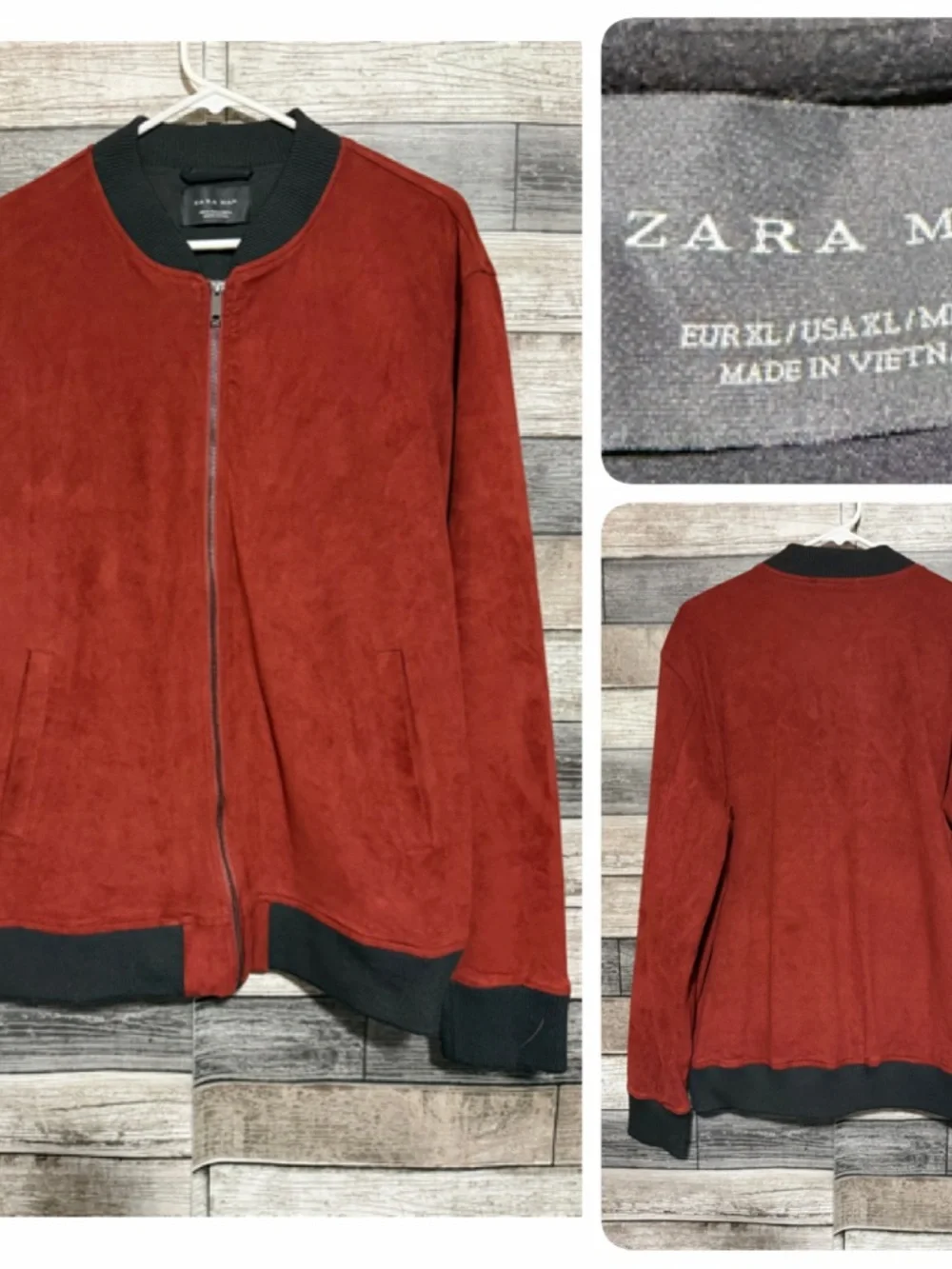 Zara Faux Suede Bomber Jacket Men’s XL Red Orange Full Zip Lined Pockets